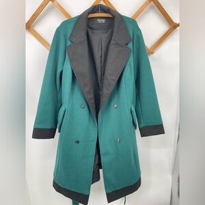 BloomChic Double-Breasted Teal Pea Coat with Black Contrast Collar